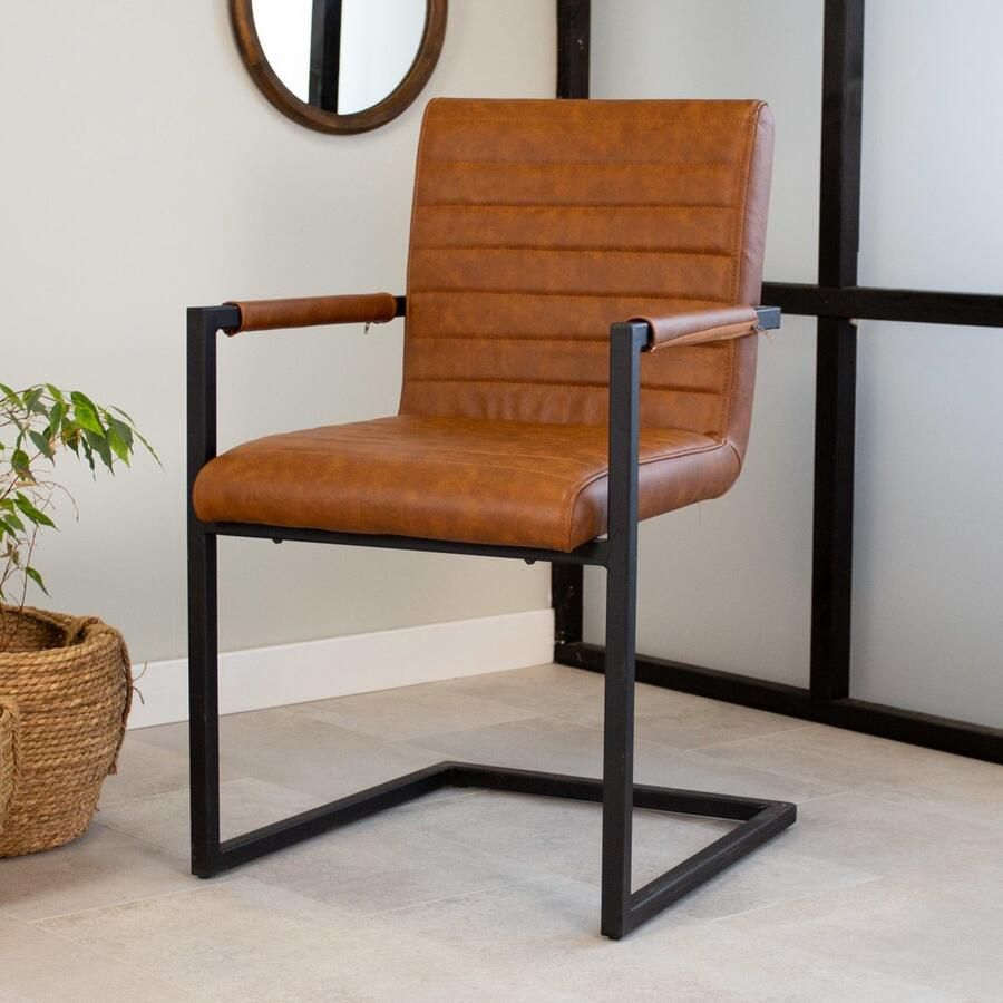 Dimehouse Industriële Eetkamerstoel Cognac Kuba Kunstleer Met Armleuningen Kunstleer Industrieel