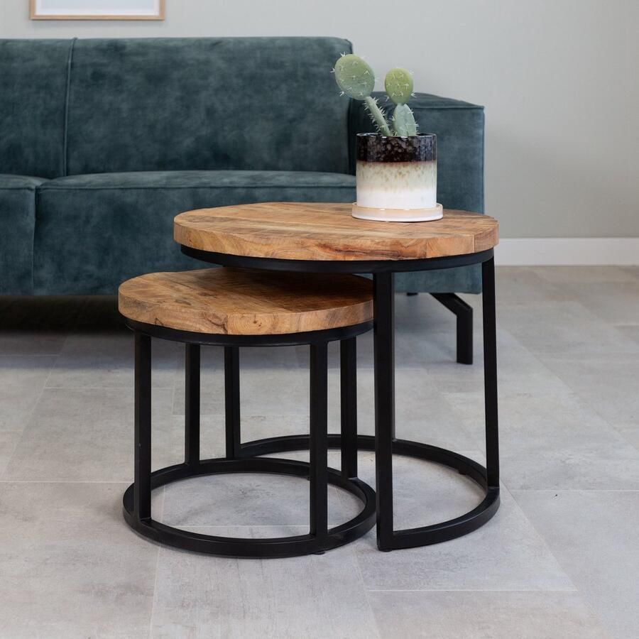 Dimehouse Industriële Ronde Salontafel Set van 2 Rosa Mangohout 53 x 53 x 45 cm Hout Industrieel Rond