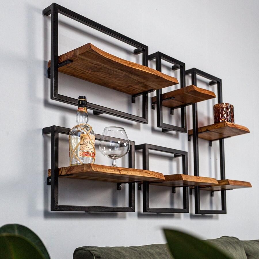 Dimehouse Industriële Wandrek June Set van 5 Metaal Mangohout