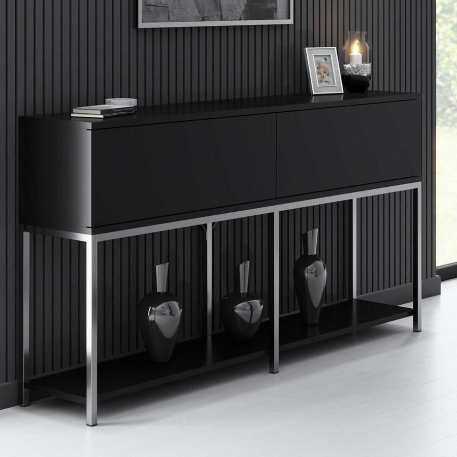 Emob Dressoir Woody Fashion 150 x 30 x 80 cm Black Silver Woonkamerkasten Zwart Melamine; MDF Woonkamerkasten Op voorraad
