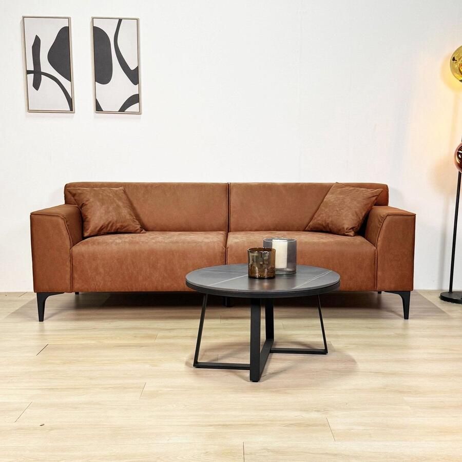 Dimehouse Lounge 3-zits bank cognac microvezel stof Davidson Stof Modern 212 x 86 x 69 cm