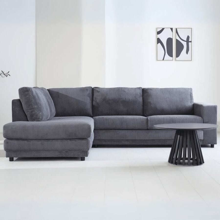 Dimehouse Lounge Hoekbank antraciet ribstof plofbank Gabi links Stof Industrieel 261 x 204 x 86 cm