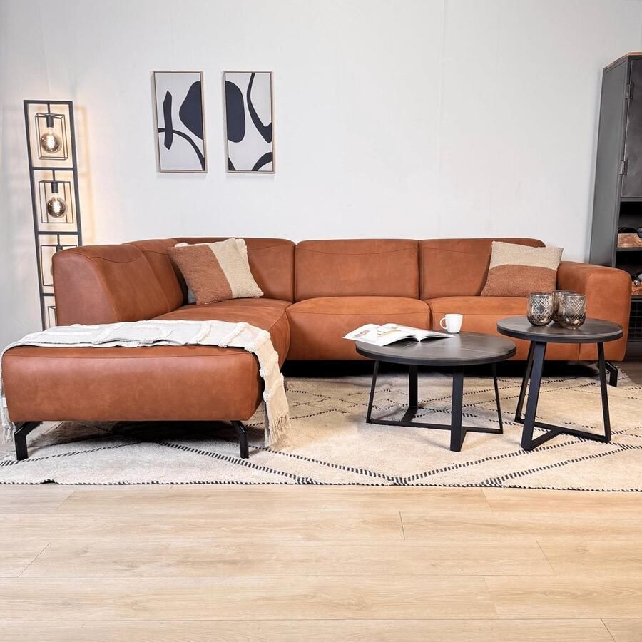 Dimehouse DeGeBe Hoekbank Barin cognac microvezel robuust links Stof Industrieel 275 x 210 x 77 cm