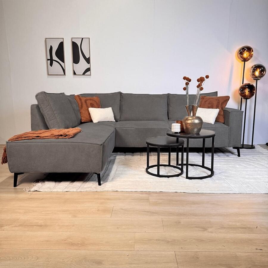 Dimehouse Lounge Hoekbank met chaise longue antraciet chenille Yara links Stof Scandinavisch & Basic 265 x 210 x 84 cm