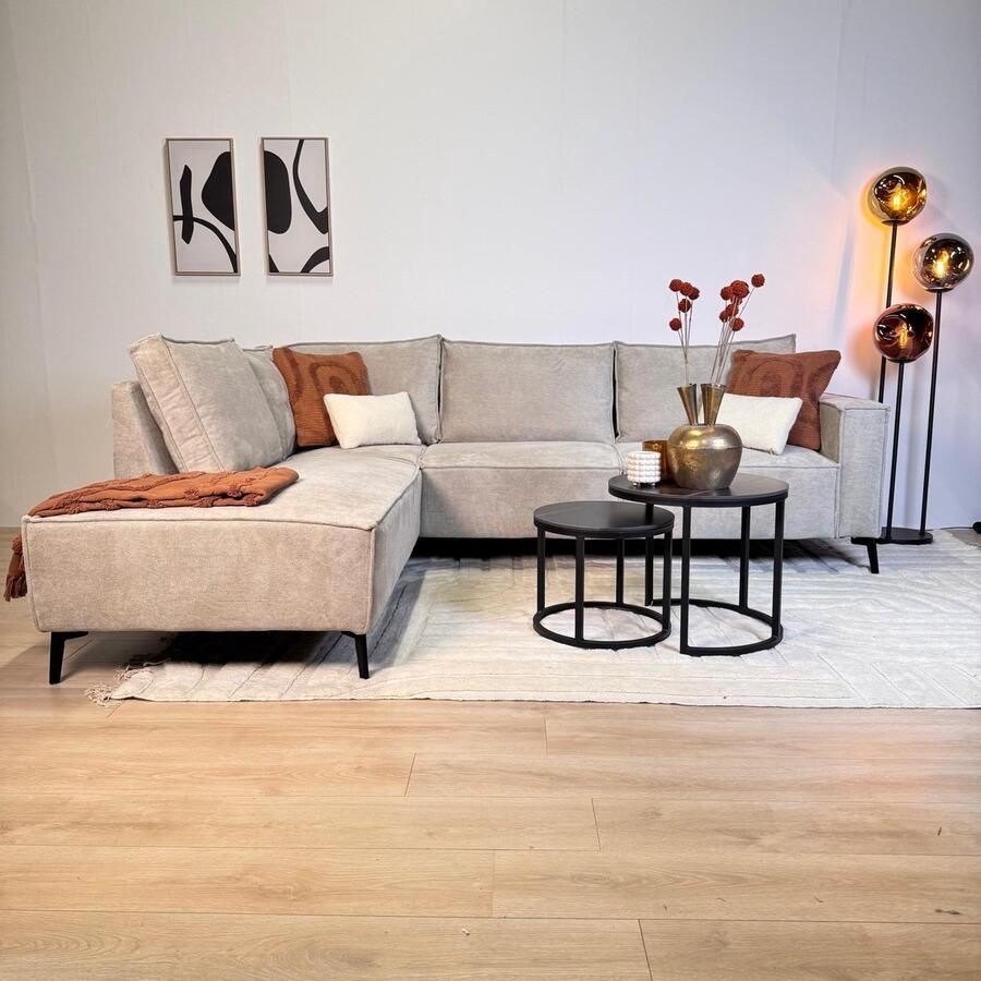 Dimehouse Lounge Hoekbank Yara met chaise longue chenille beige -links Stof Scandinavisch & Basic 265 x 210 x 84 cm