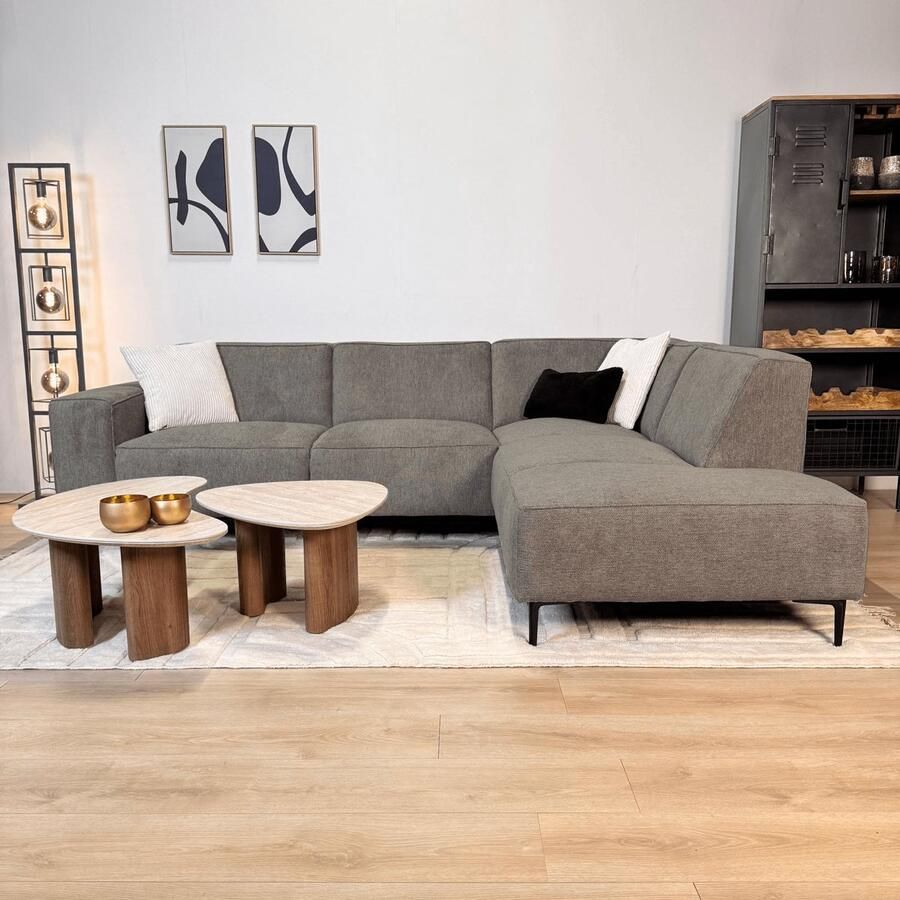 Dimehouse Lounge Hoekbank Ravi – Chenille Gemêleerd Taupe – Rechts Stof Scandinavisch & Basic 262 x 83 x 195 cm