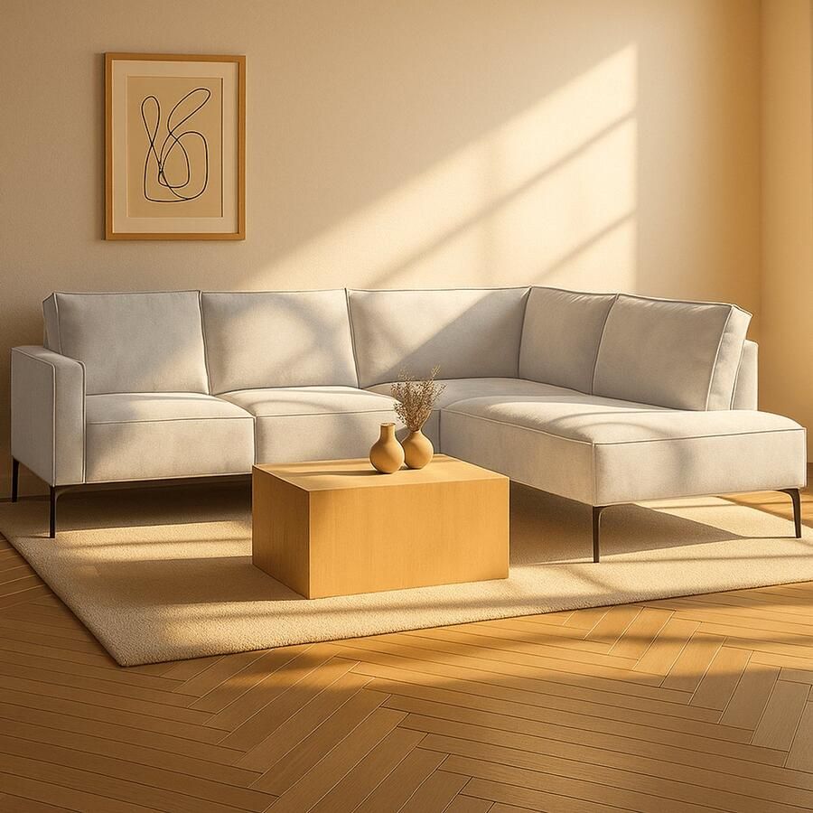 Dimehouse Lounge Hoekbank Yara met chaise longue rechts chenille beige Stof Scandinavisch & Basic 265 x 210 x 84 cm