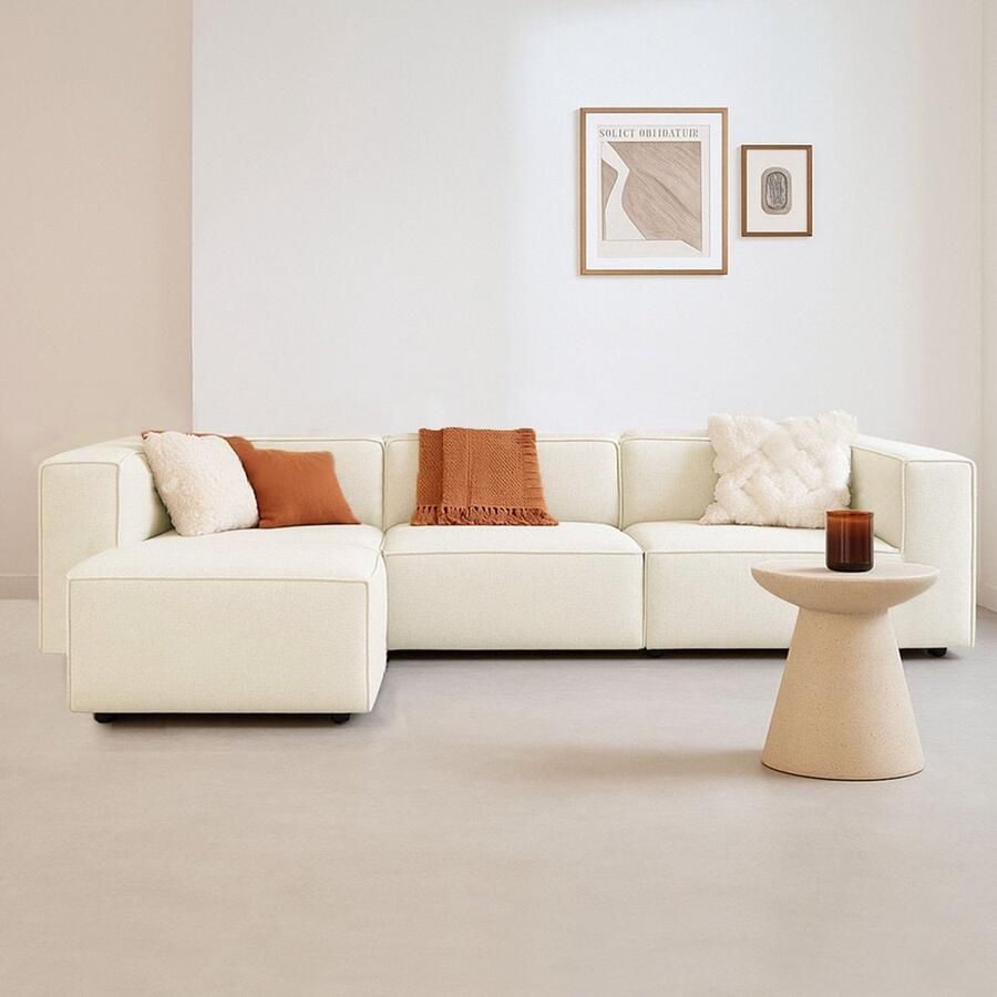 Dimehouse Lounge Modulaire hoekbank met losse hocker ecru beige linnen stof Fora links Linnen Modern 297 x 66 x 190 cm - Foto 3