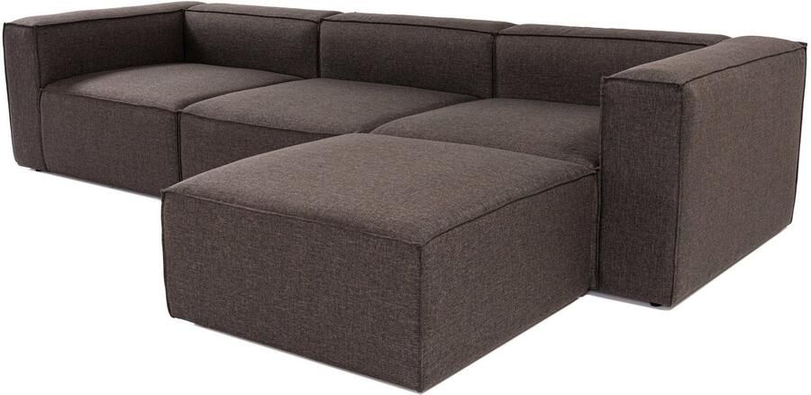 Dimehouse Lounge Modulaire hoekbank met losse hocker donker bruin linnen stof Fora Linnen Modern 296 x 66 x 185 cm