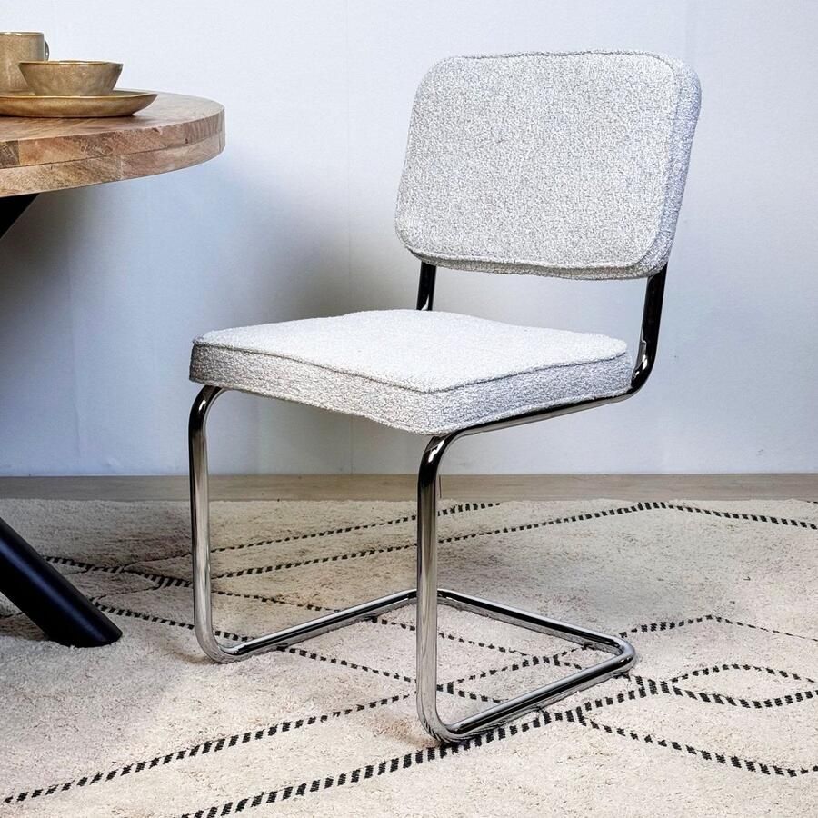 Dimehouse Moderne Eetkamerstoel Grijs Bouclé Stof Sway Chrome Frame Zonder Armleuningen Stof Modern
