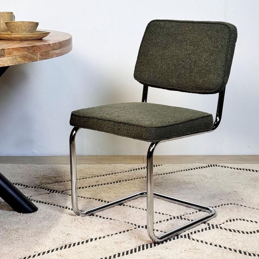 Dimehouse Moderne Eetkamerstoel Groen Bouclé Stof Sway Chrome Frame Zonder Armleuningen Stof Modern
