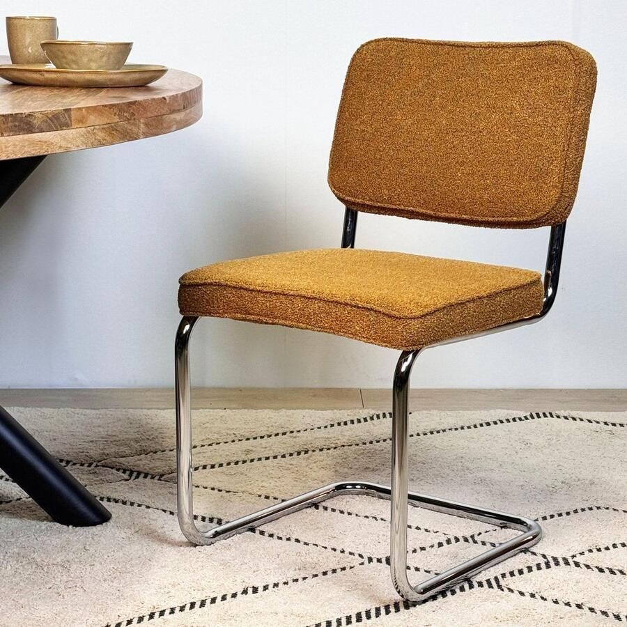 Dimehouse Moderne Eetkamerstoel Koper Bouclé Stof Sway Chrome Frame Zonder Armleuningen Stof Modern