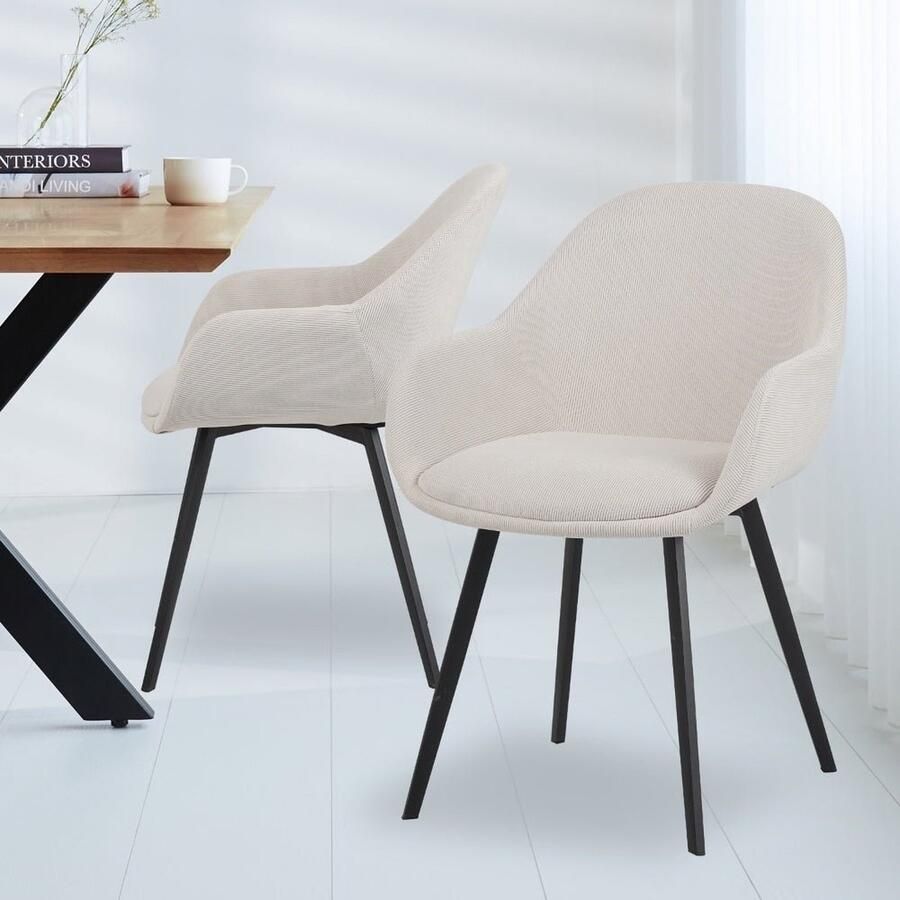 Dimehouse Moderne Eetkamerstoel Remy Ribstof Crème Met Armleuningen Stof Industrieel