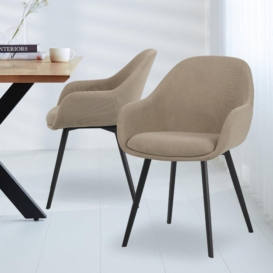 Dimehouse Moderne Eetkamerstoel Remy Ribstof Taupe Met Armleuningen Stof Industrieel