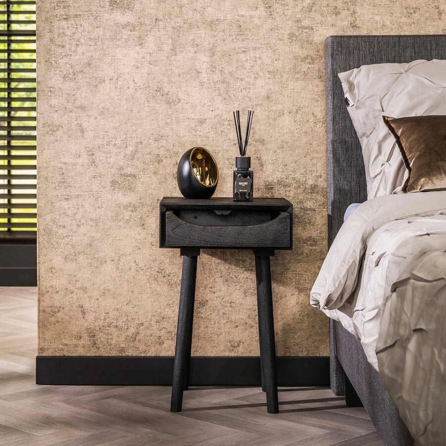 Dimehouse Nachtkastje Davey Zwart Acaciahout met Lade en Inkeping