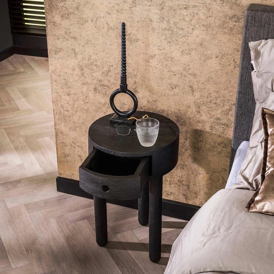 Dimehouse Rond Nachtkastje Davey Zwart Acaciahout 1 lade