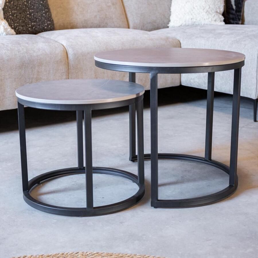 Dimehouse Ronde Salontafel Set van 2 Sintered Stone Marmerlook Paige Grijs 53 x 53 x 47 cm Marmer Industrieel Rond