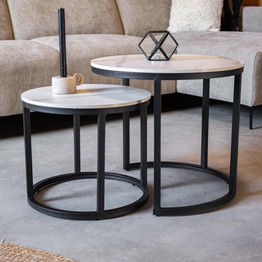 Dimehouse Ronde Salontafel Set van 2 Sintered Stone Marmerlook Paige Wit 53 x 53 x 47 cm Marmer Industrieel Rond