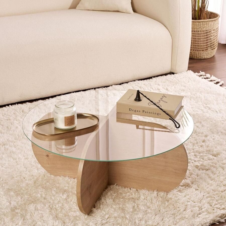 Dimehouse Salontafel Aris Rond 75 cm Glas Melamine Eikenhout