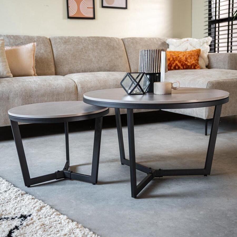 Dimehouse Salontafel Set van 2 Brady Rond Marmerlook Grijs 69 x 69 x 43 cm Marmer Industrieel Rond