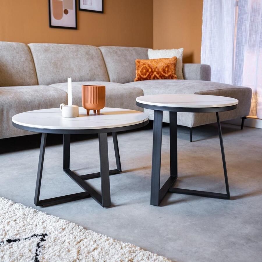 Dimehouse Salontafel Set van 2 Tanner Rond Marmerlook Wit 69 x 69 x 40 cm Marmer Industrieel Rond