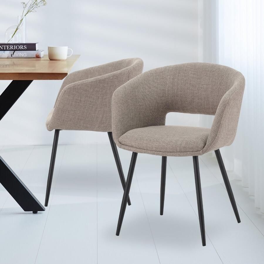 Dimehouse Scandinavische Eetkamerstoel Taupe Stof Kuipvorm Don Met Armleuningen Stof Industrieel