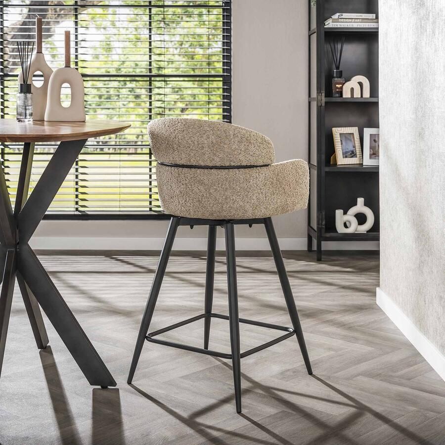 Dimehouse Set van 2 Draaibare Barkrukken Beige Bouclé Stof Lola Zithoogte 68 cm Met Armleuningen