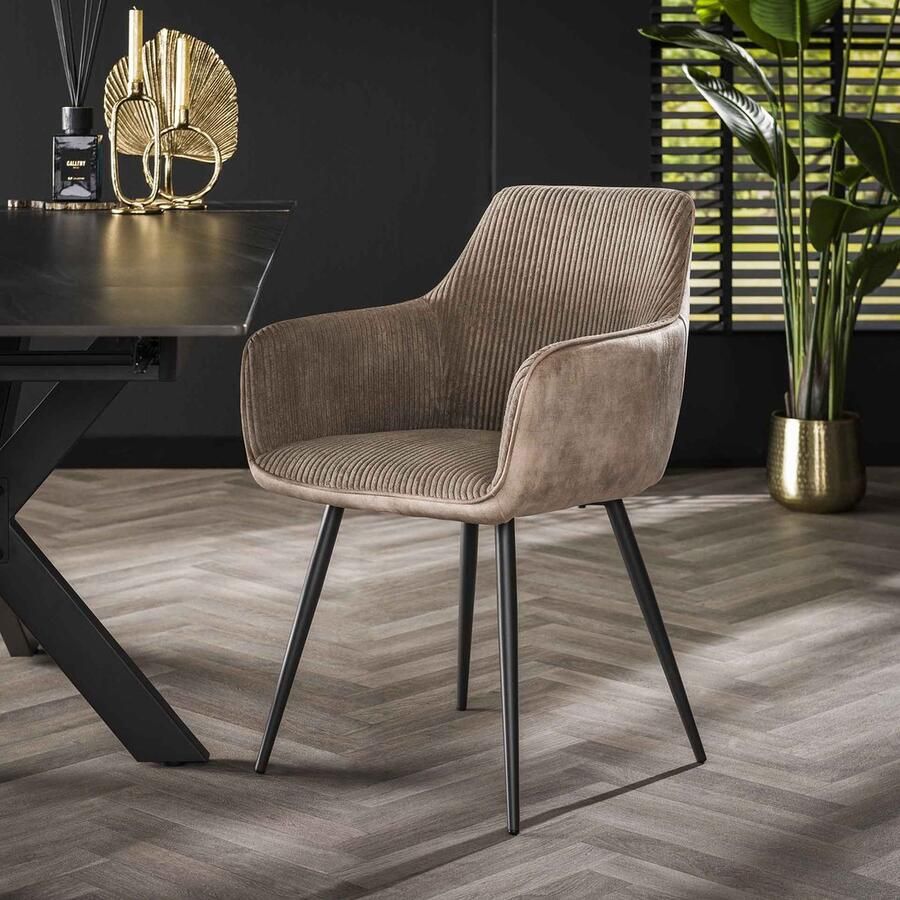 Dimehouse Set van 2 Eetkamerstoelen Licia Ribstof Met Armleuningen Beige