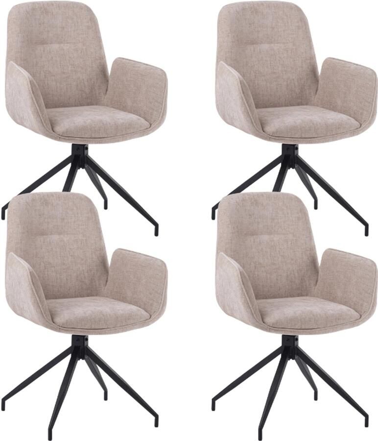 Dimehouse Set van 4 Draaibare Eetkamerstoelen Nela Chenille Beige Met Armleuningen Stof Industrieel