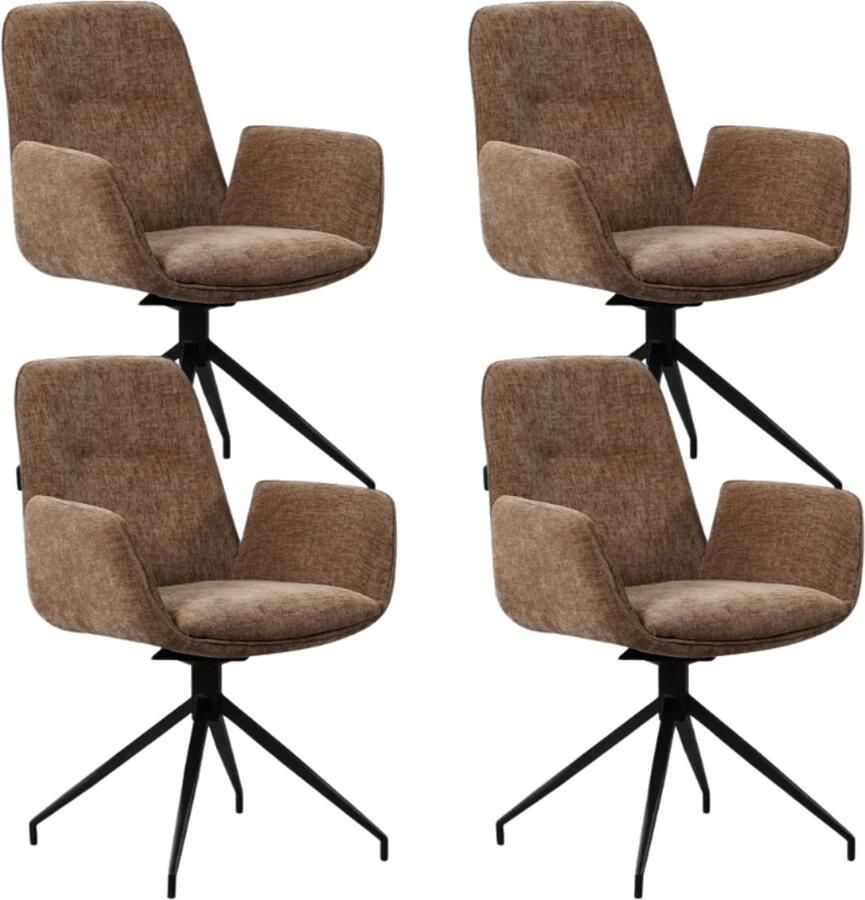 Dimehouse Set van 4 Draaibare Eetkamerstoelen Nela Chenille Taupe Met Armleuningen Stof Industrieel