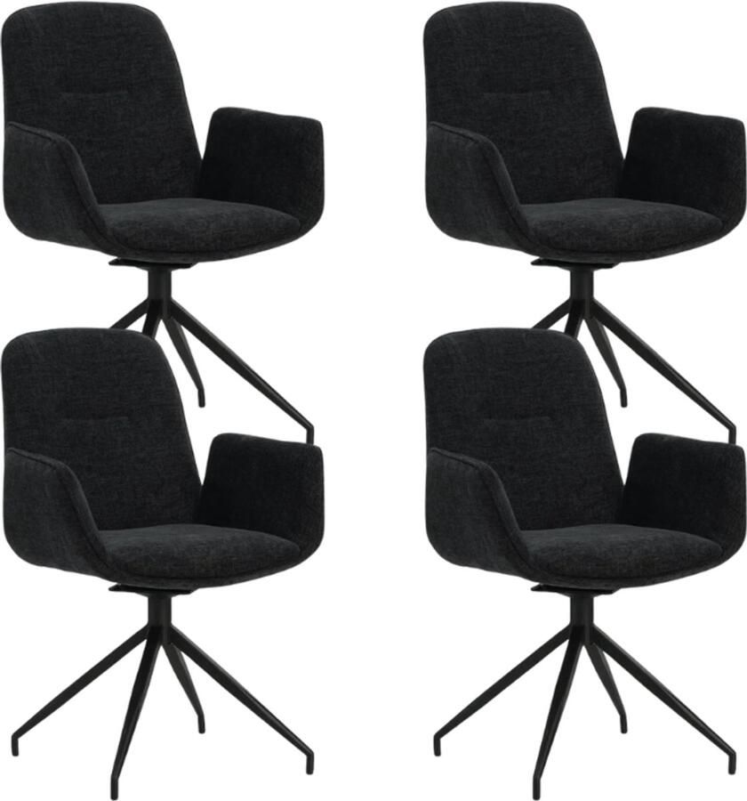 Dimehouse Set van 4 Draaibare Eetkamerstoelen Nela Chenille Zwart Met Armleuningen Stof Industrieel