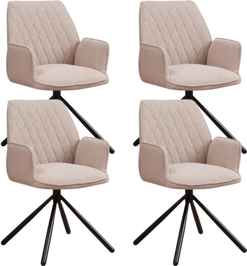 Dimehouse Set van 4 Draaibare Eetkamerstoelen Novan Beige Bouclé – 180° Draaibaar Stof Industrieel