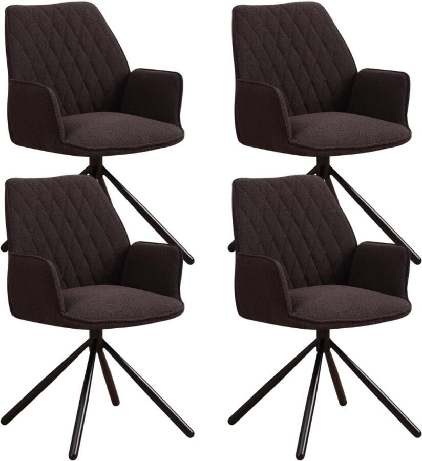 Dimehouse Set van 4 Draaibare Eetkamerstoelen Novan Bruin Bouclé – 180° Draaibaar Stof Industrieel