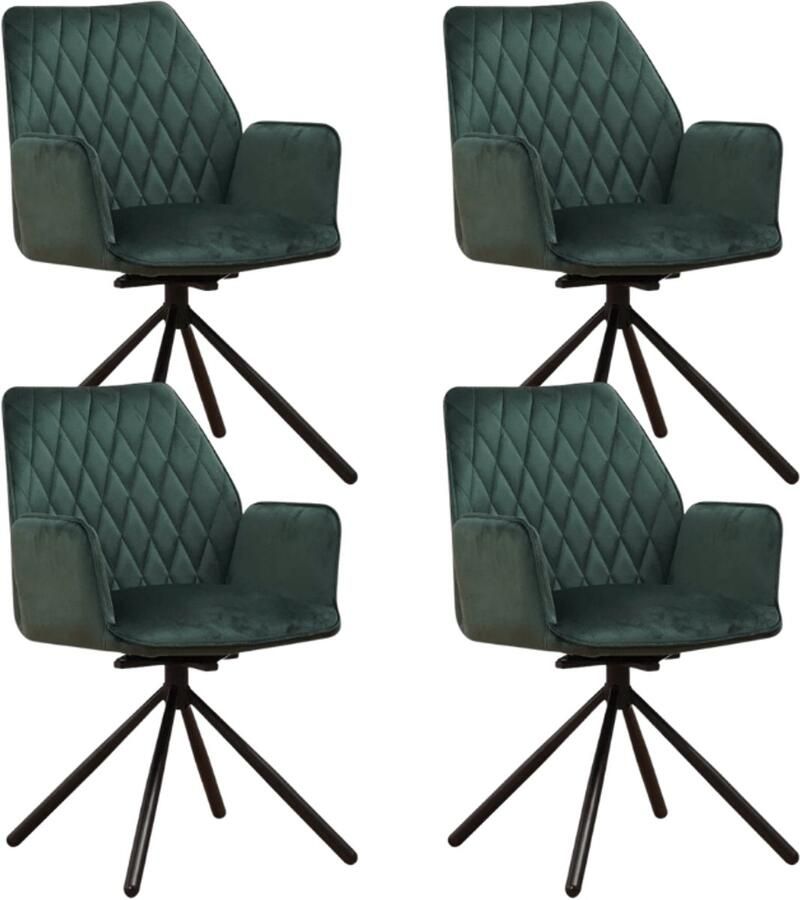 Dimehouse Set van 4 Draaibare Eetkamerstoelen Novan Groen Velvet – 180° Draaibaar Velvet Industrieel