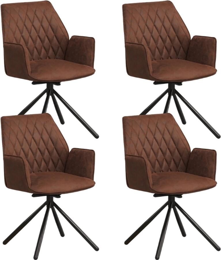Dimehouse Set van 4 Draaibare Eetkamerstoelen Novan Industrieel Bruin Stof – 180° Draaibaar Stof Industrieel