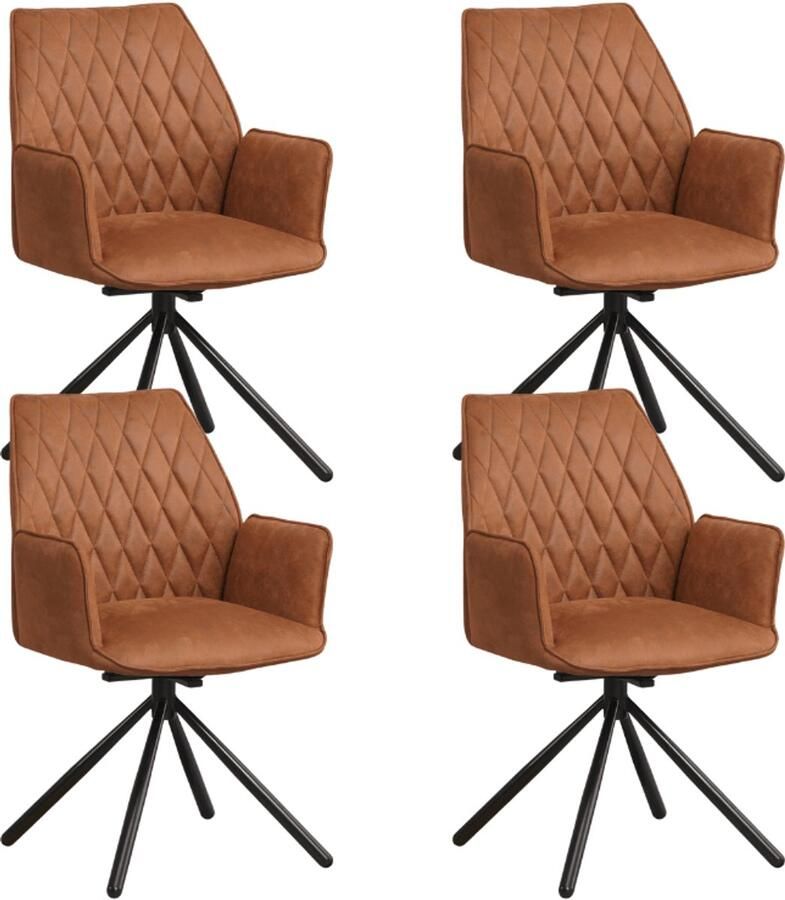 Dimehouse Set van 4 Draaibare Eetkamerstoelen Novan Industrieel Cognac Stof – 180° Draaibaar Stof Industrieel