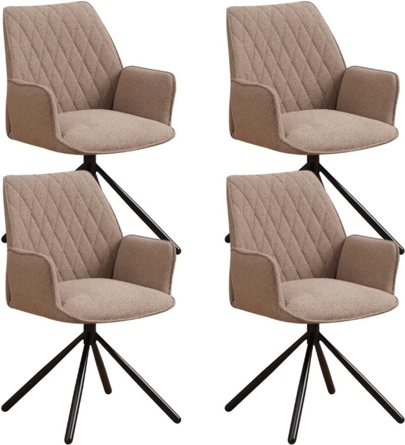 Dimehouse Set van 4 Draaibare Eetkamerstoelen Novan Taupe Bouclé – 180° Draaibaar Stof Industrieel