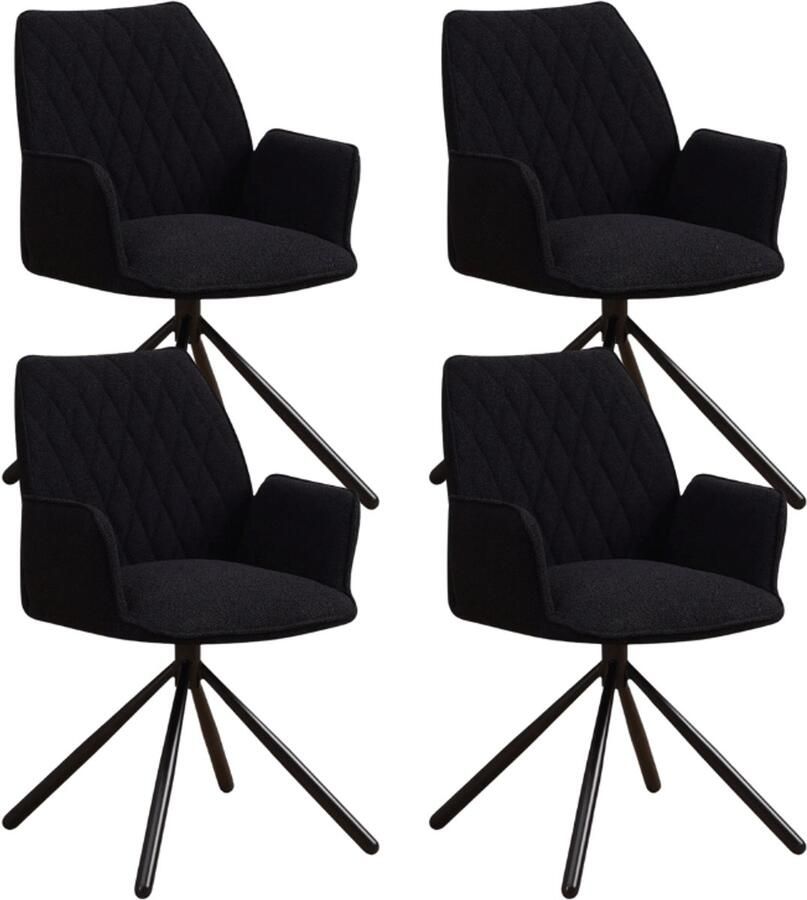 Dimehouse Set van 4 Draaibare Eetkamerstoelen Novan Zwart Bouclé – 180° Draaibaar Stof Industrieel