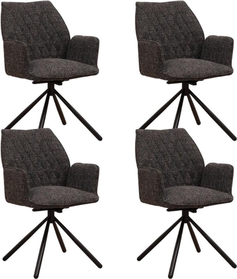 Dimehouse Set van 4 Draaibare Eetkamerstoelen Novan Zwart Chenille – 180° Draaibaar Stof Industrieel