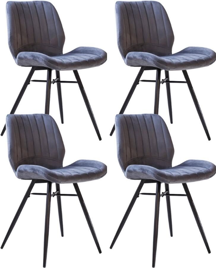Dimehouse Set van 4 Eetkamerstoelen Beau Antraciet Velvet Stof Zonder Armleuningen Stof Industrieel