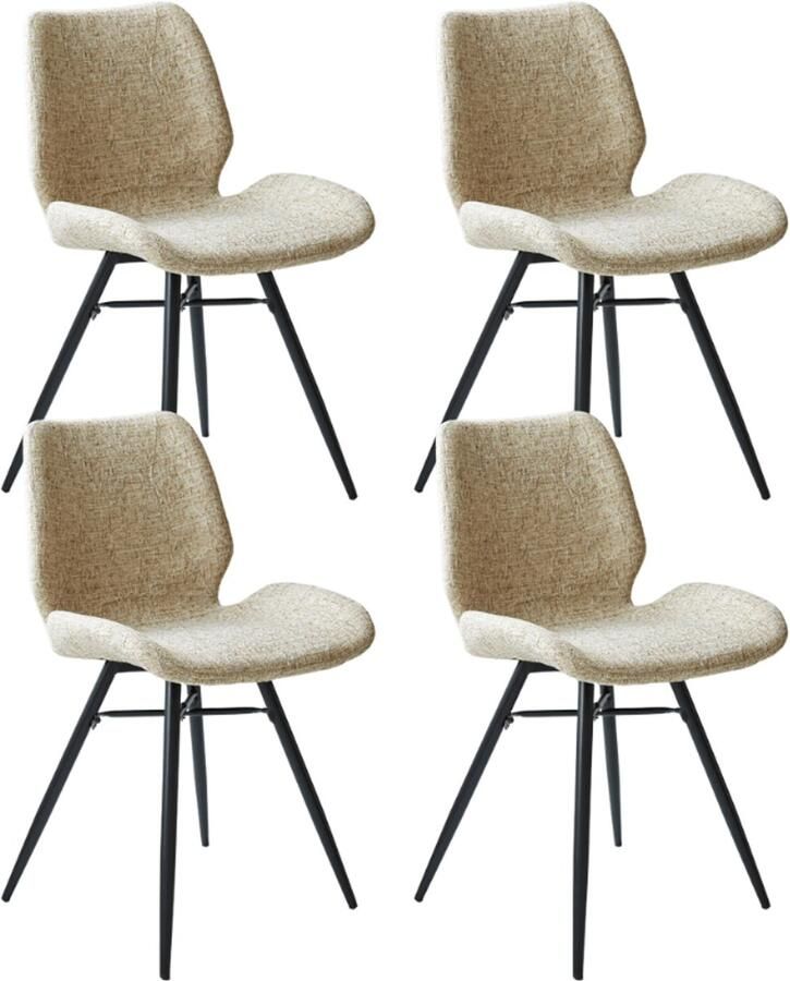 Dimehouse Set van 4 Eetkamerstoelen Beau Crème Chenille Stof Zonder Armleuningen Stof Industrieel