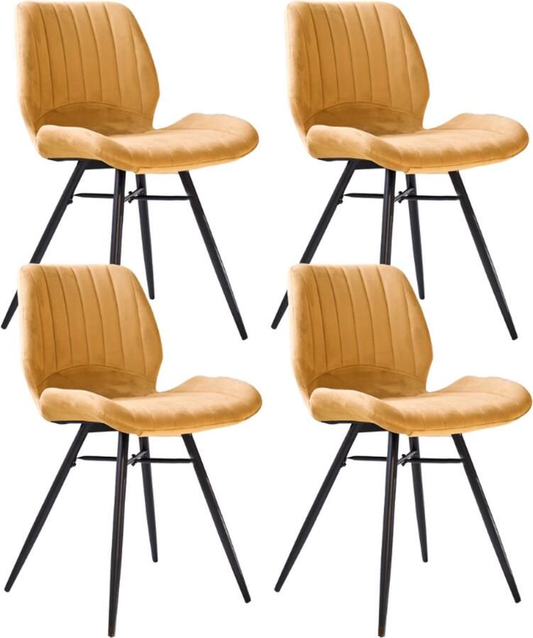 Dimehouse Set van 4 Eetkamerstoelen Beau Geel Velvet Stof Zonder Armleuningen Stof Industrieel