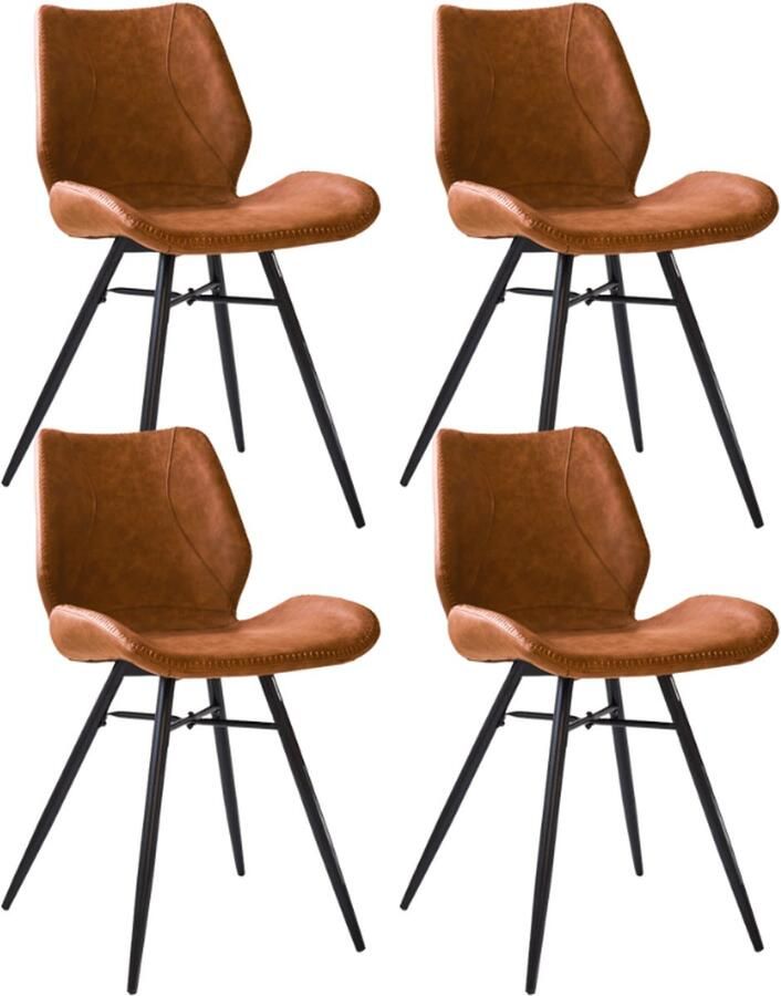 Dimehouse Set van 4 Eetkamerstoelen Beau Industrieel Cognac Kunstleer Zonder Armleuningen Kunstleer Industrieel