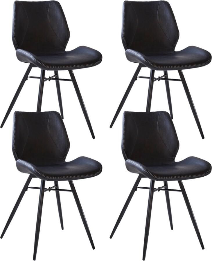 Dimehouse Set van 4 Eetkamerstoelen Beau Industrieel Zwart Kunstleer Zonder Armleuningen Kunstleer Industrieel