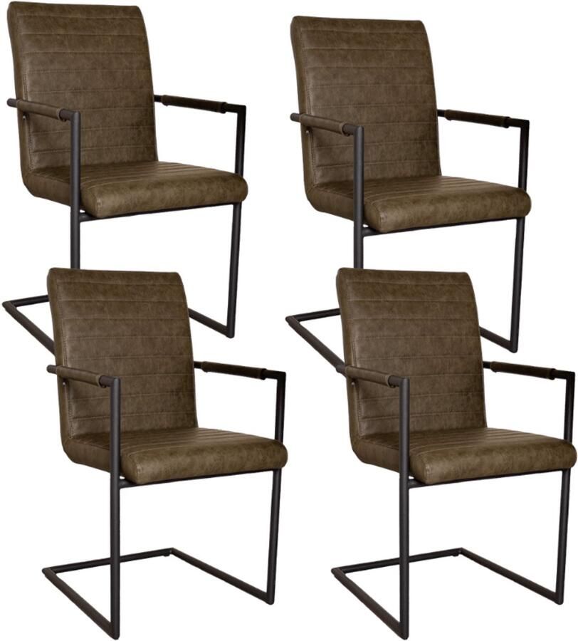 Dimehouse Set van 4 Eetkamerstoelen Bras Industrieel Groen Met Armleuningen Kunstleer Industrieel