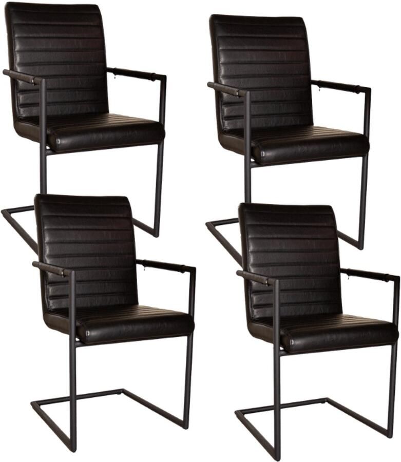 Dimehouse Set van 4 Eetkamerstoelen Bras Industrieel Zwart Met Armleuningen Kunstleer Industrieel