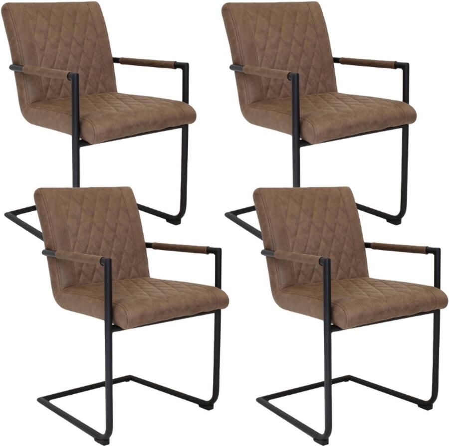Dimehouse Set van 4 Eetkamerstoelen Dean Industrieel Taupe Microvezel Stof Met Armleuningen Stof Industrieel