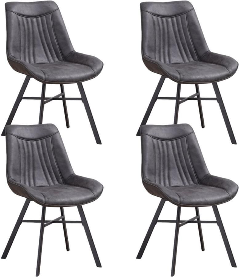 Dimehouse Set van 4 Eetkamerstoelen Jada Antraciet Eco-leer Zonder Armleuningen Ecoleer Industrieel