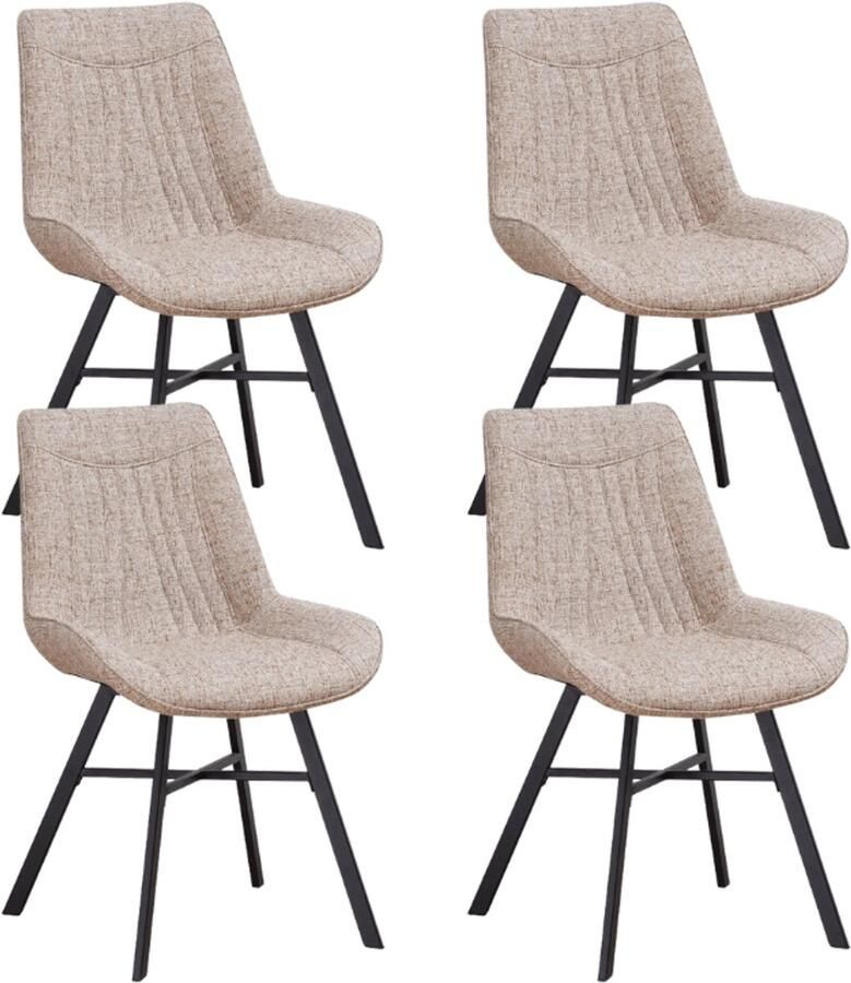 Dimehouse Set van 4 Eetkamerstoelen Jada Chenille Stof Beige Zonder Armleuningen Stof Industrieel