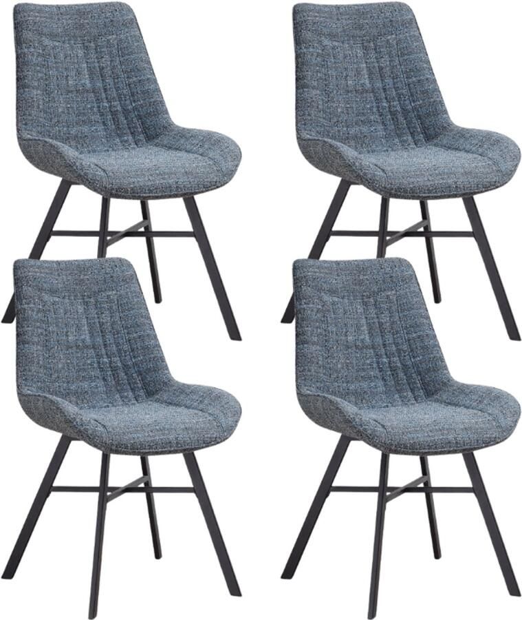 Dimehouse Set van 4 Eetkamerstoelen Jada Chenille Stof Blauw Zonder Armleuningen Stof Industrieel